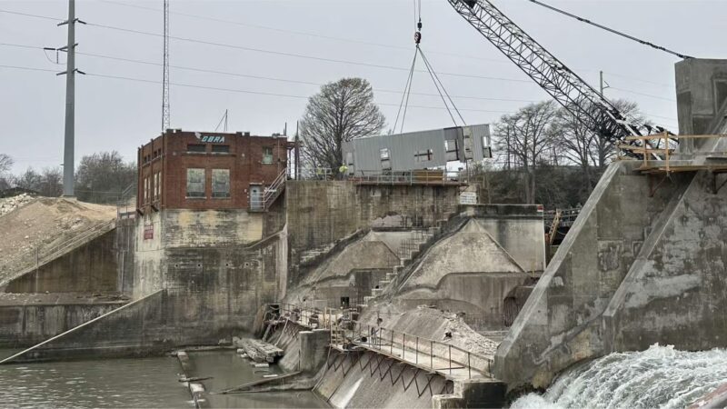 Ongoing construction at Lake McQueeney Dam Renovation showing new spillgate installations and foundation work as part of the renovation project.