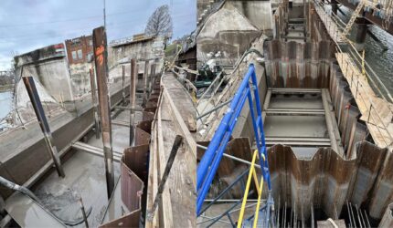 A completed section of the coffer dam at Lake McQueeney, successfully holding back water to enable renovation of the dam's structural components.