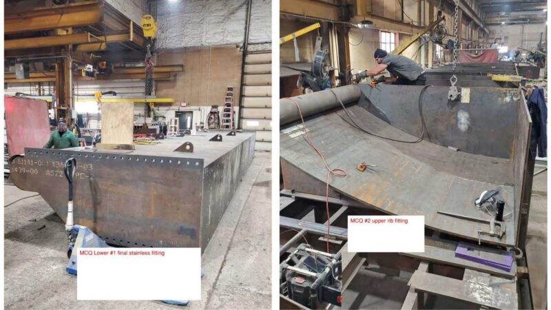 Skilled technicians welding and assembling the hydraulic crest gates, a key component of the Lake McQueeney Dam modernization project.