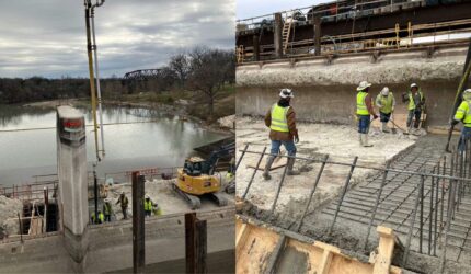 Heavy equipment pouring concrete at the Lake McQueeney Dam site as part of the structural upgrade during the Lake McQueeney Dam renovation project.